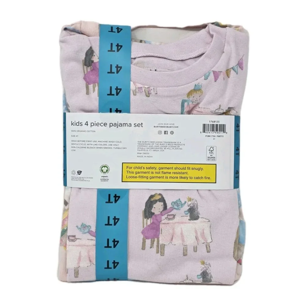 Burt's Bees 4pc Pajama Set 100% Organic Cotton Unicorn Tea Party Pink Girls 4T
